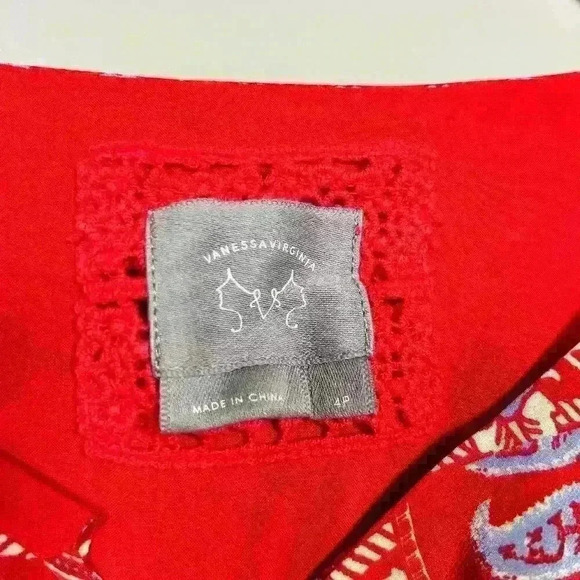 VANESSA VIRGINIA Red Bell Sleeve 100% Silk Peasant Dress Flowy Relaxed Women 4P - Picture 6 of 12